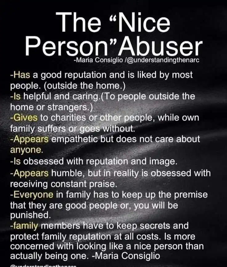 A black background image displays white text outlining characteristics of a 'Nice Person Abuser' as defined by Maria…