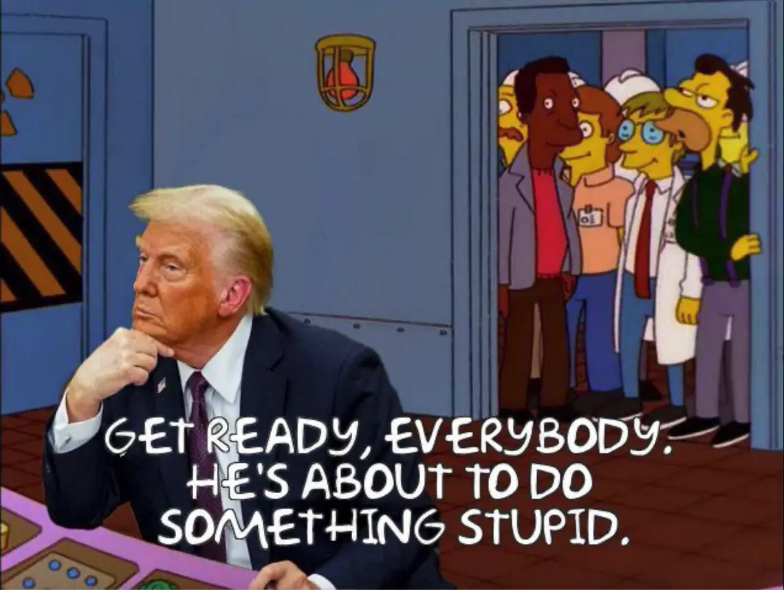 A photo of Donald Trump in a suit sitting at a control panel, looking thoughtful with his hand on his chin, overlaid with…