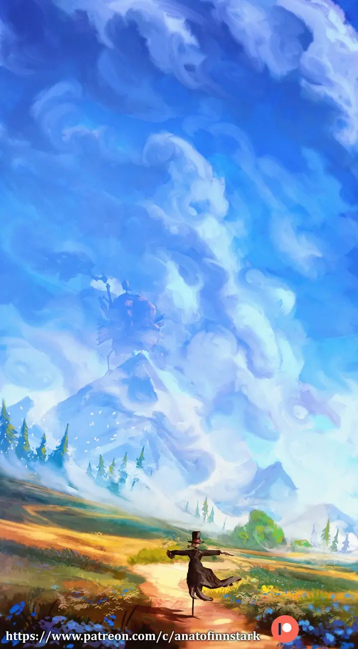 A lone scarecrow stands on a dirt path in a vibrant field under a vast, swirling blue sky. In the distance, a mountain range…