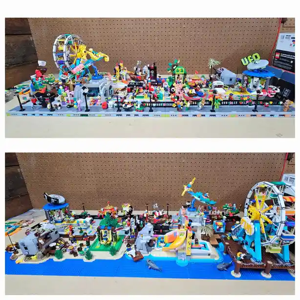 The image displays two views of a LEGO diorama: the top shows a bustling amusement park with a ferris wheel, roller coaster…