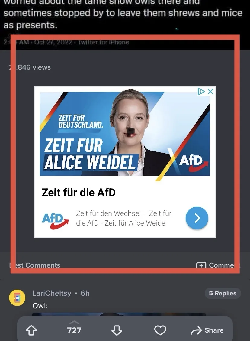 A screenshot of a Twitter post showing a political ad for Alice Weidel of the AfD party, which reads 'Zeit für Deutschland…