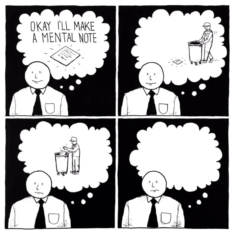 A four-panel black-and-white comic strip shows a man in a shirt and tie. In the first panel, he thinks, 'okay i'll make a…