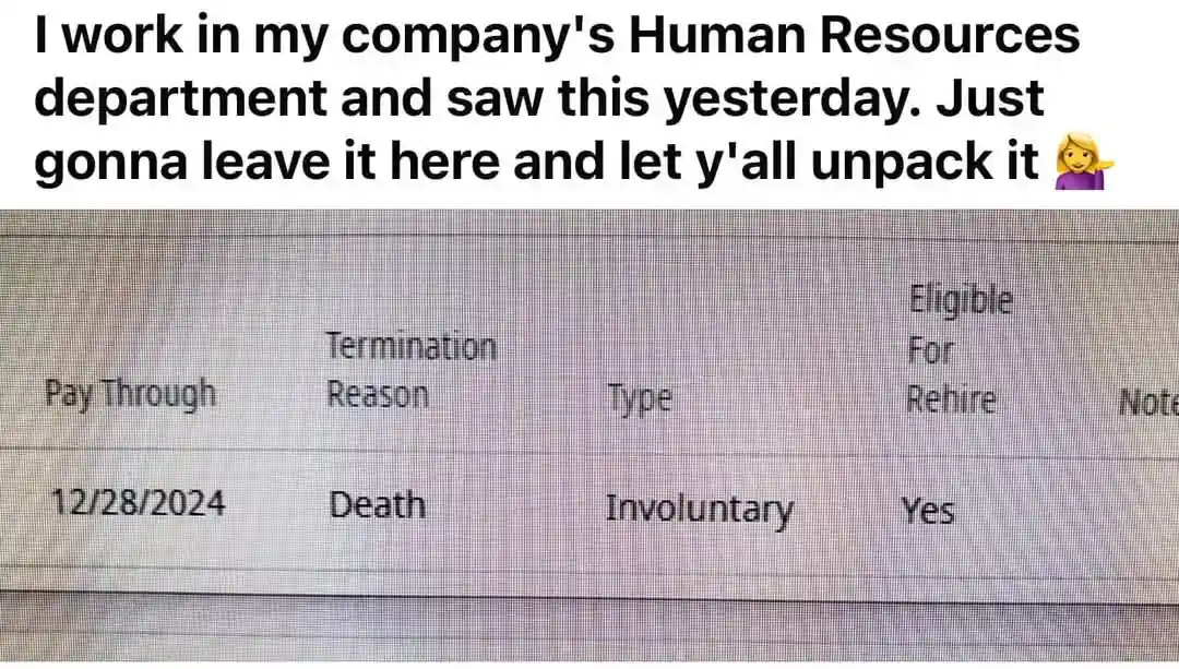 A screenshot of a human resources termination form showing a termination date of 12/28/2024, reason 'Death', type…