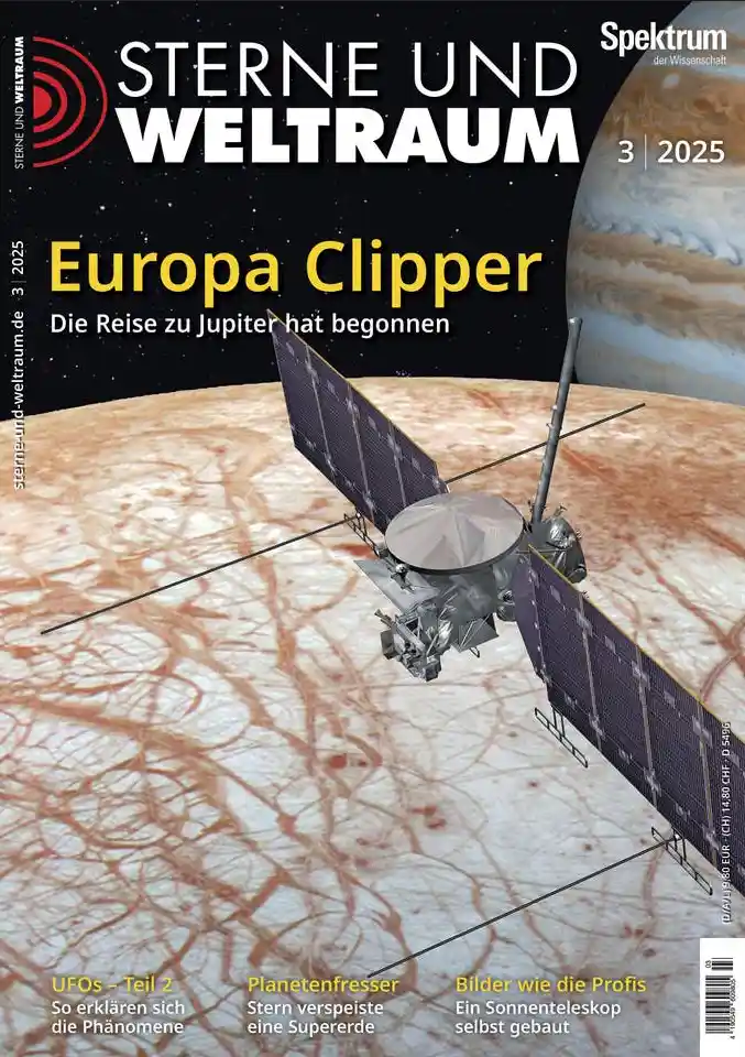 The image is the cover of a German science magazine 'Sterne und Weltraum', issue 3/2025, featuring the Europa Clipper…