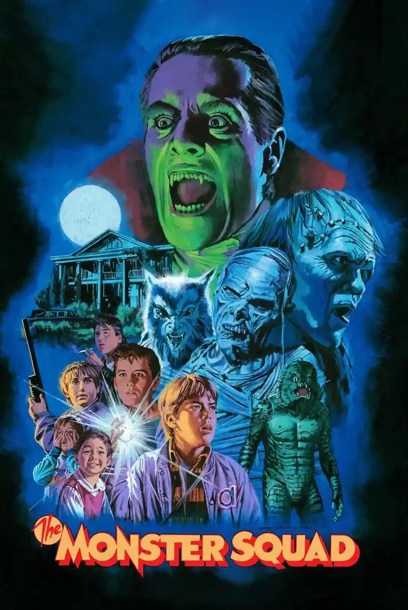 A vibrant, blue-toned movie poster for 'The Monster Squad' features a large, screaming green-faced vampire looming over a…