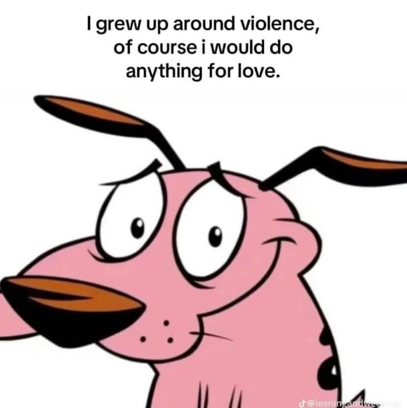 A cartoon pink dog with large, wide eyes and a smug, self-satisfied smirk looks directly at the viewer. The text overlaid at…