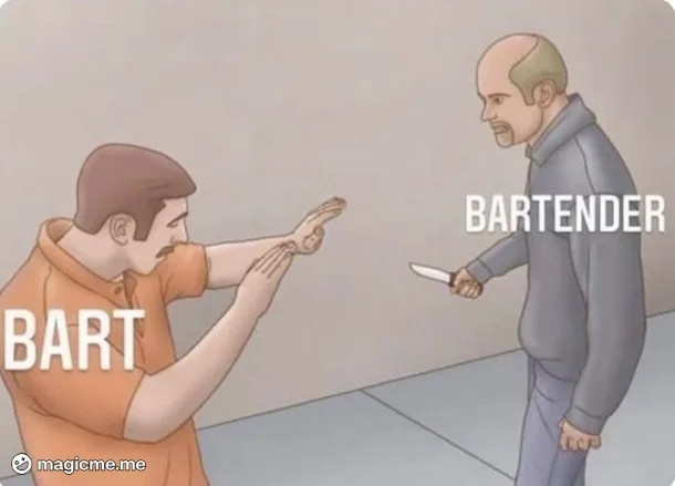 An illustrated scene shows two men facing each other. The man on the left, labeled 'BART' and wearing an orange shirt, holds…