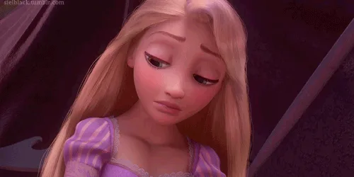 The image shows a sequence of six panels featuring the animated character Rapunzel from Disney's Tangled, displaying a…