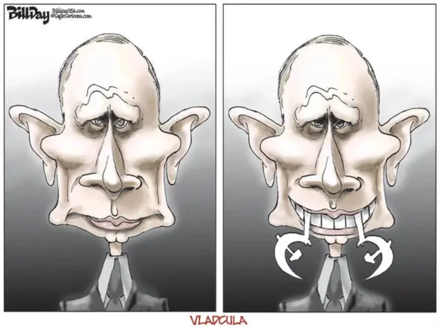 Two-panel cartoon shows a caricature of Vladimir Putin with a drooping expression in the left panel, and in the right panel…