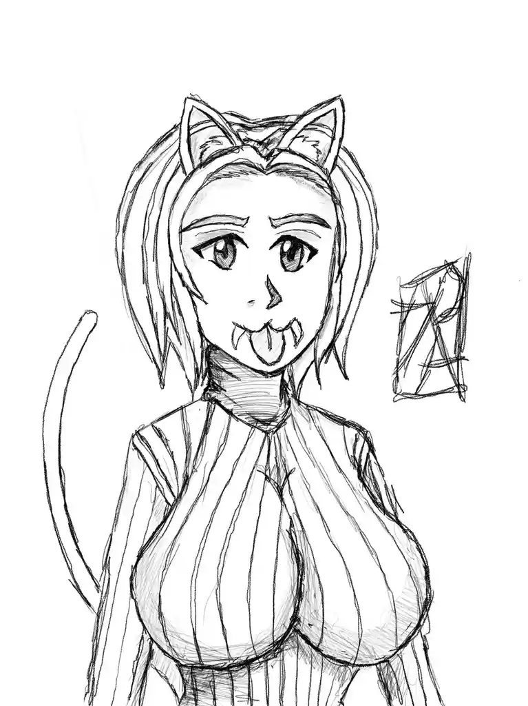 A black-and-white sketch of an anime-style female character with cat ears, a cat tail, fangs, and a tongue sticking out…