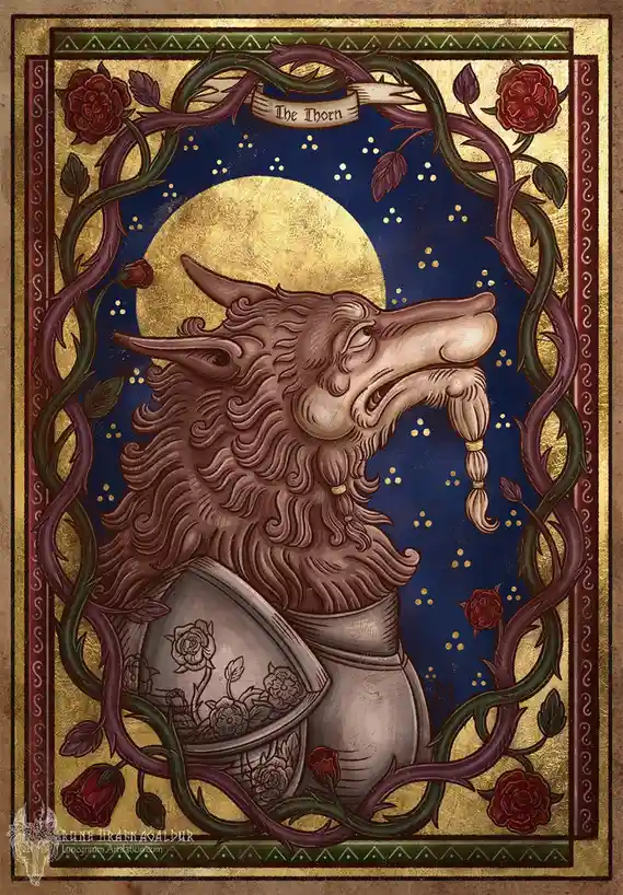 An ornate, illustrated portrait of a wolf-headed figure with a long, braided beard, wearing armor decorated with roses…