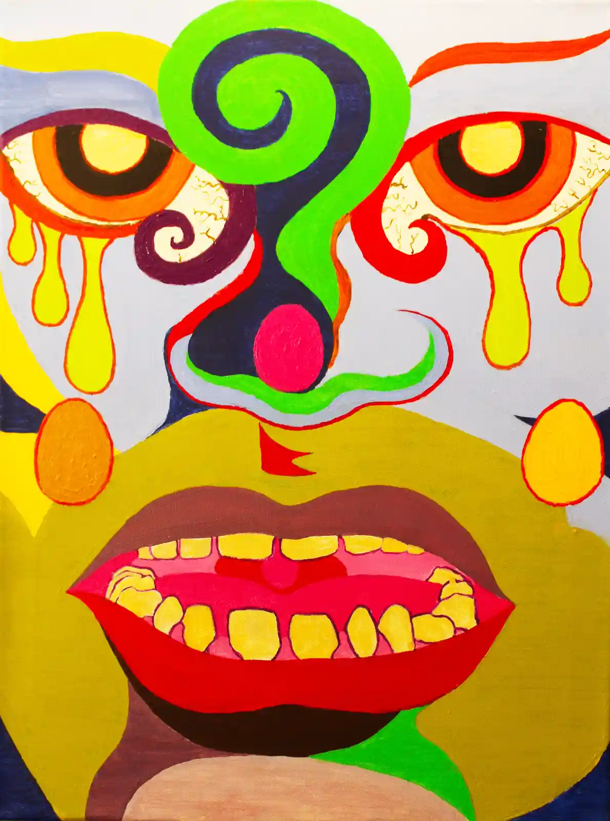 A colorful, abstract painting depicts a stylized face with large, expressive eyes dripping yellow tears, a prominent green…