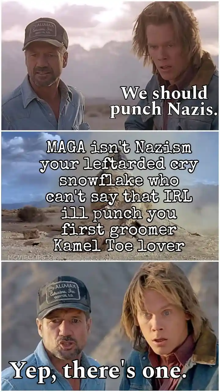 The meme uses three panels from the movie 'The Road Warrior' featuring two characters. In the top panel, one character says…