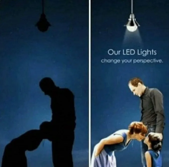 The image is split into two panels. Left: a dark silhouette of a man and a child under a dim, unlit hanging bulb. Right: the…
