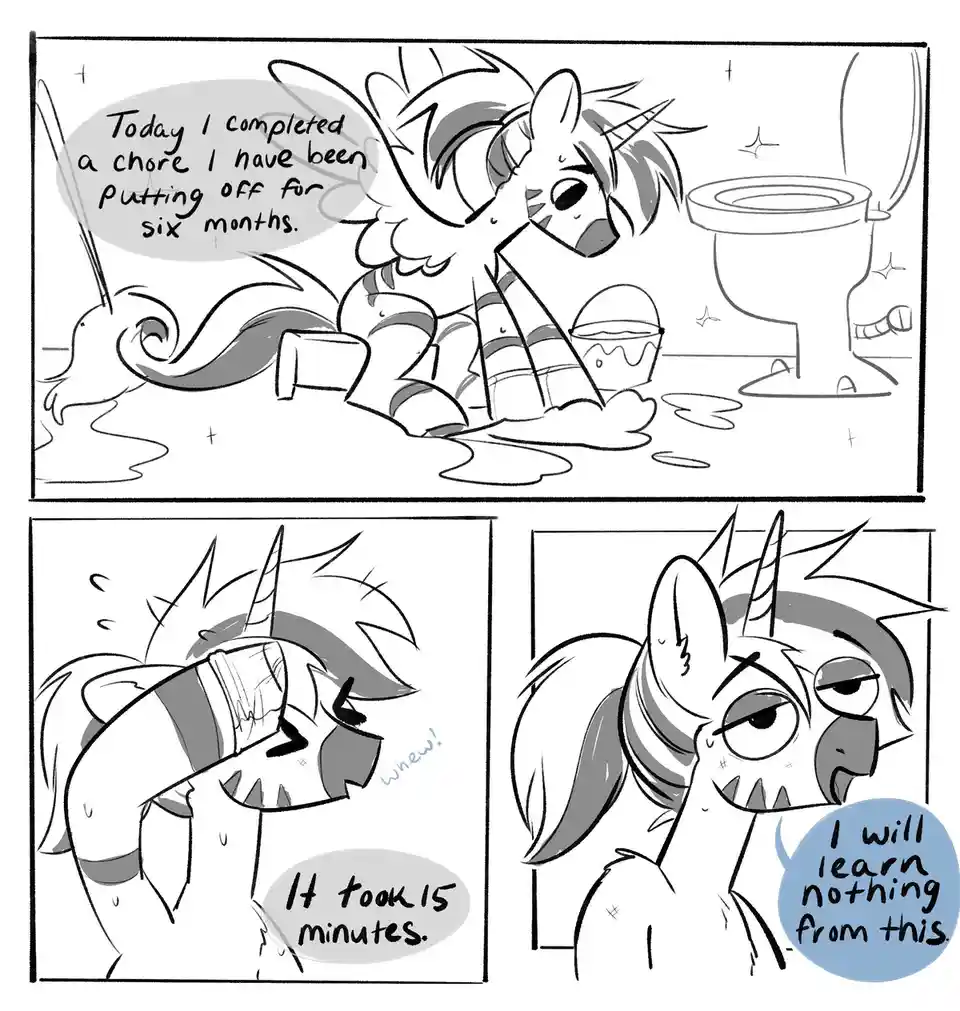 A three-panel comic strip featuring a striped unicorn. In the first panel, the unicorn proudly declares it completed a chore…