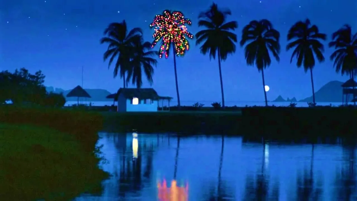 A serene tropical night scene with palm trees, a lit hut, and a calm body of water reflecting the stars and moon. A colorful…