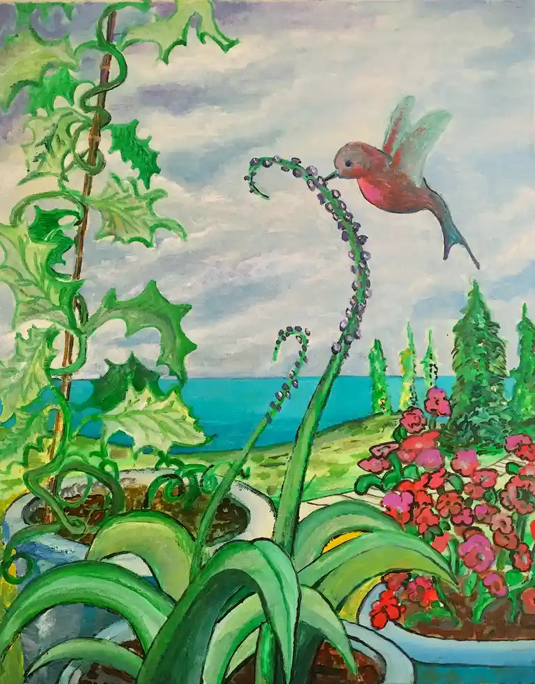 A colorful painting depicts a small, stylized bird with a long beak hovering near a tall purple flower stalk in a garden…