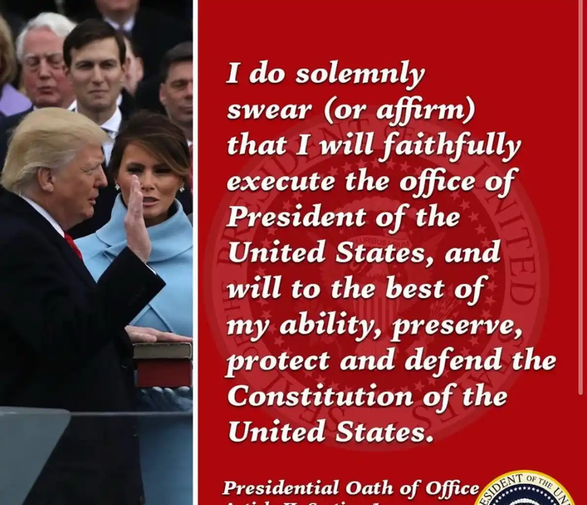 The image shows Donald Trump taking the presidential oath of office with his right hand raised, standing beside Melania…