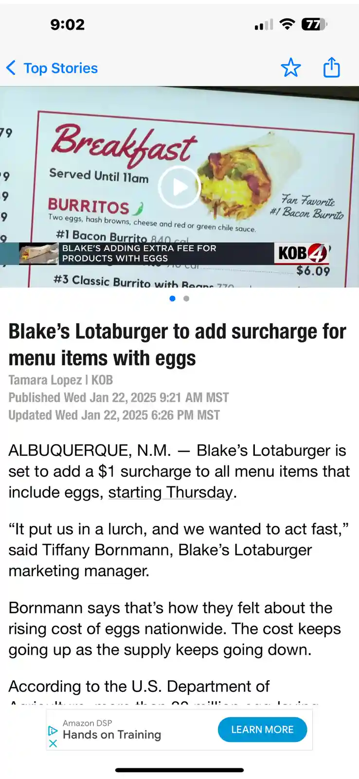 A screenshot of a KOB4 news article about Blake's Lotaburger adding a $1 surcharge for menu items with eggs, overlaid on a…