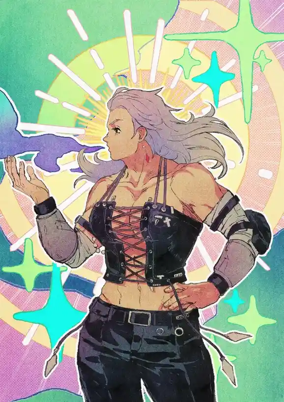 An anime-style illustration shows a muscular woman with gray hair, wearing a black corset and pants, standing confidently…