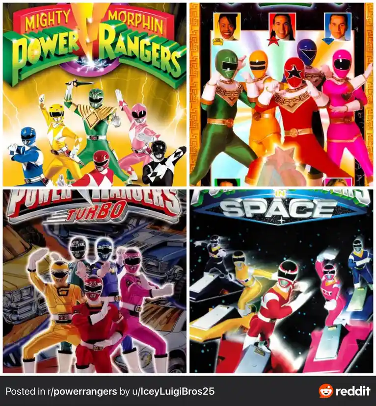 A four-panel collage showing promotional art for four different Power Rangers series: 'Mighty Morphin Power Rangers', 'Power…