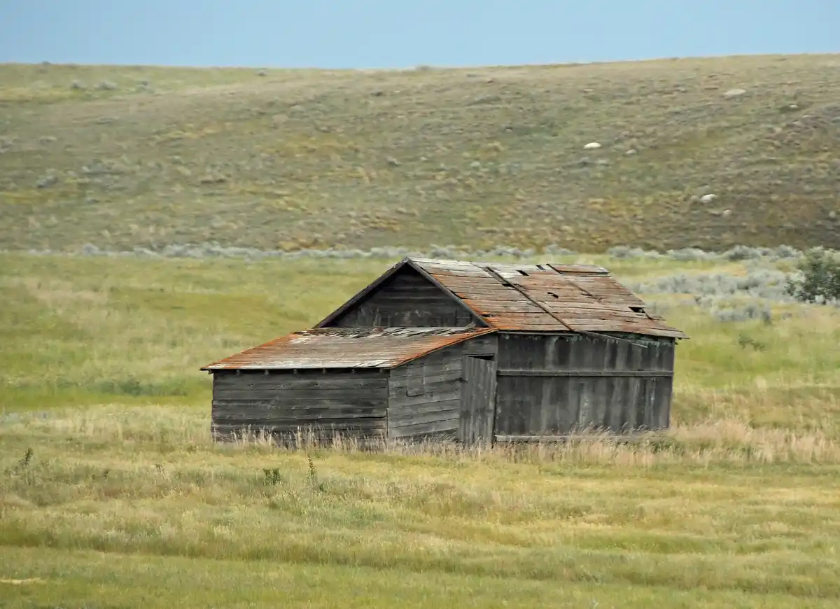 A weathered, dilapidated wooden barn with a rusted metal roof sits alone in a vast, grassy field under a clear blue sky. The…