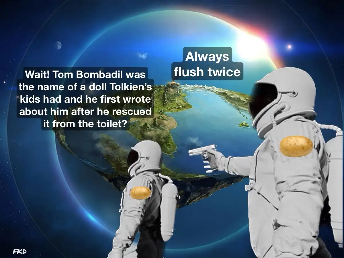 Two astronauts float in space with potatoes on their backs, one pointing a gun at the other. The background shows Earth with…