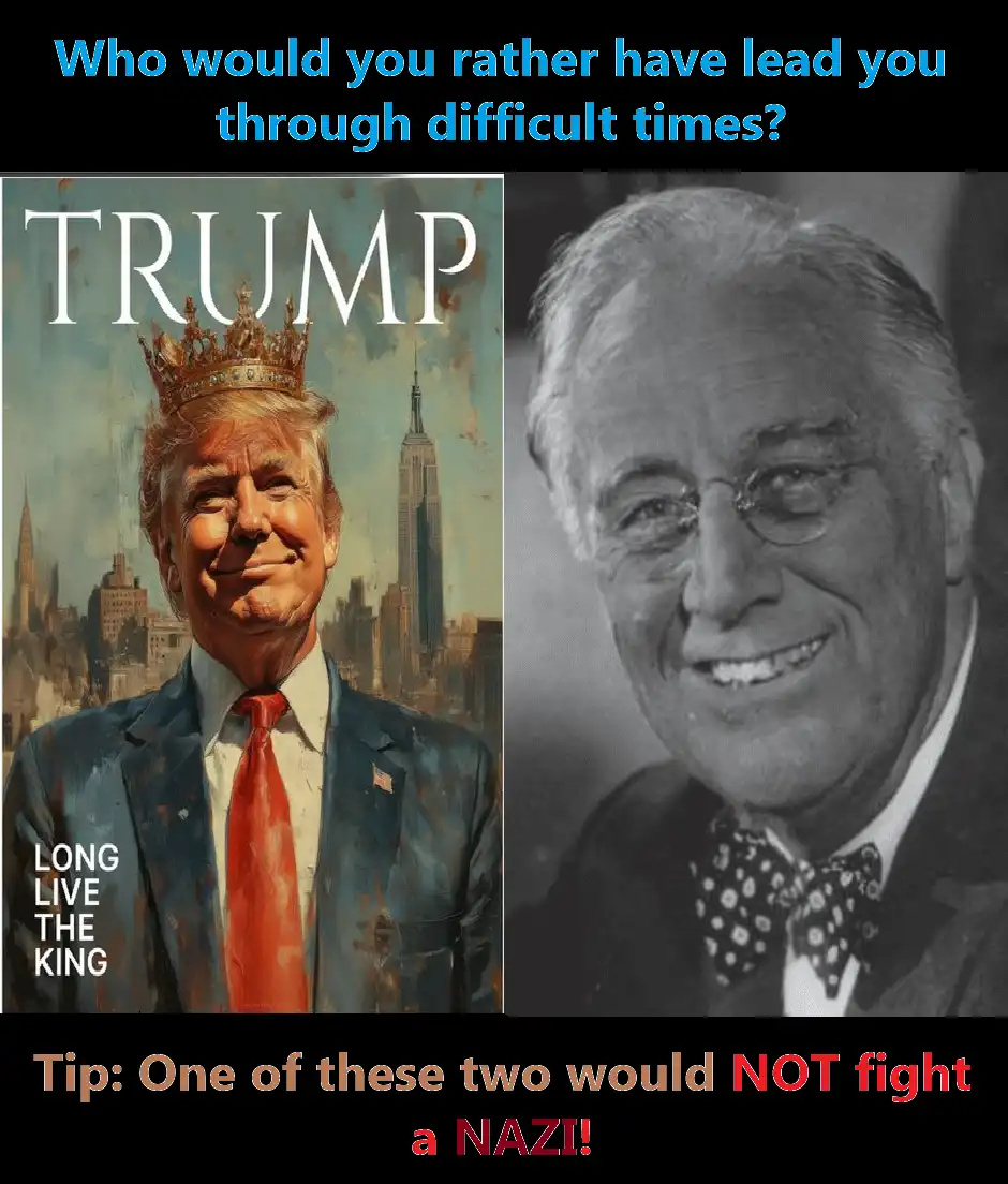 The image displays two side-by-side portraits. On the left, a stylized, painted portrait of Donald Trump wearing a crown…