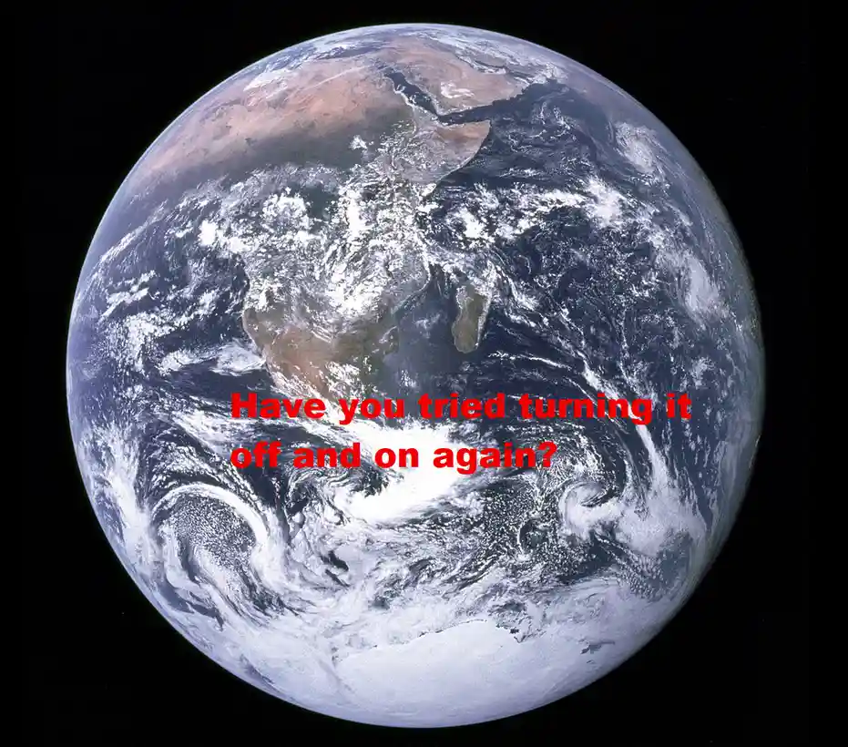 A satellite image of Earth from space, showing continents and swirling clouds against the blackness of space. Red text…