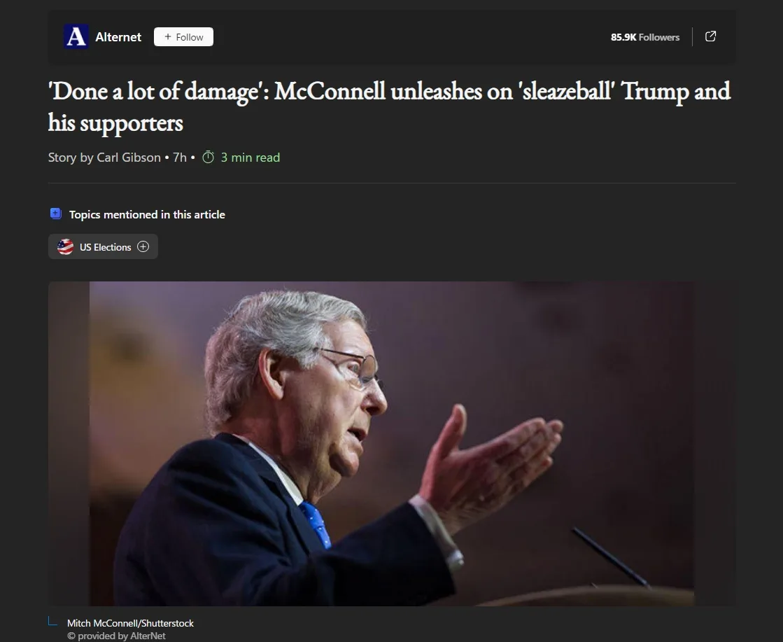 An article screenshot from AlterNet shows a photo of Mitch McConnell speaking at a podium, gesturing with his right hand…