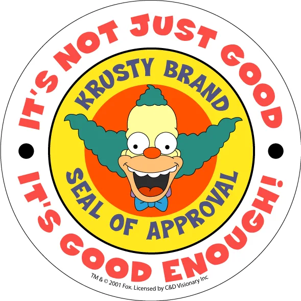 A circular logo features the cartoon clown Krusty the Clown from The Simpsons, smiling broadly with green hair and a blue…