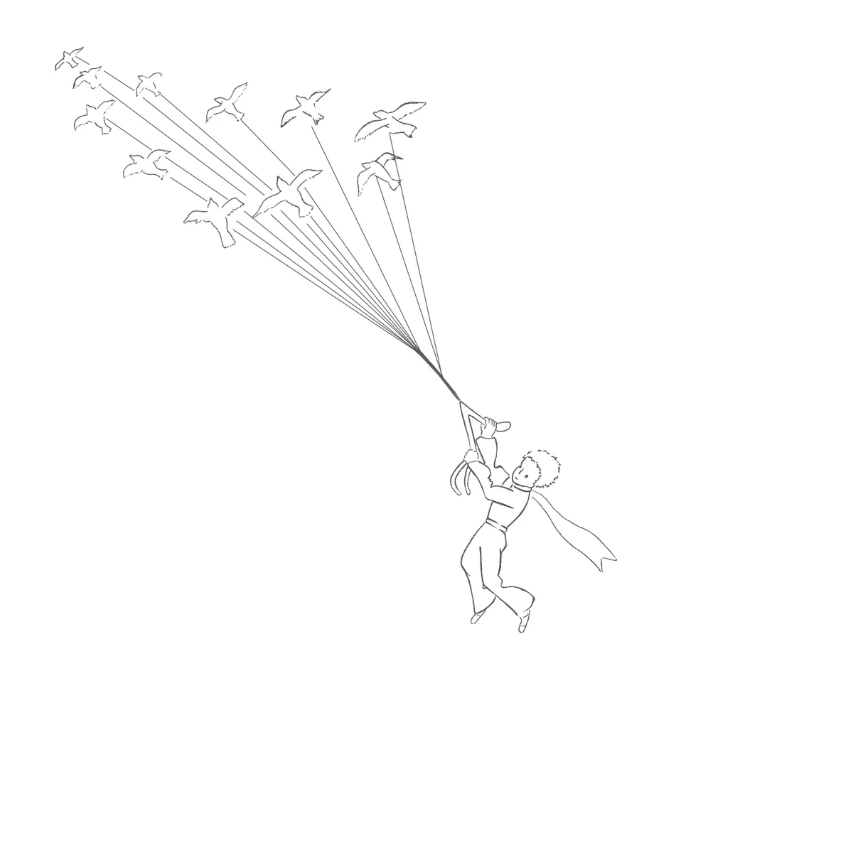 A black-and-white line drawing shows a person with a cape holding a long pole that is attached to multiple strings, each…