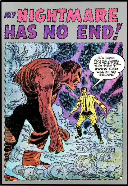 A vintage comic book panel shows a terrified man in a yellow suit standing on clouds, facing a giant, monstrous figure…