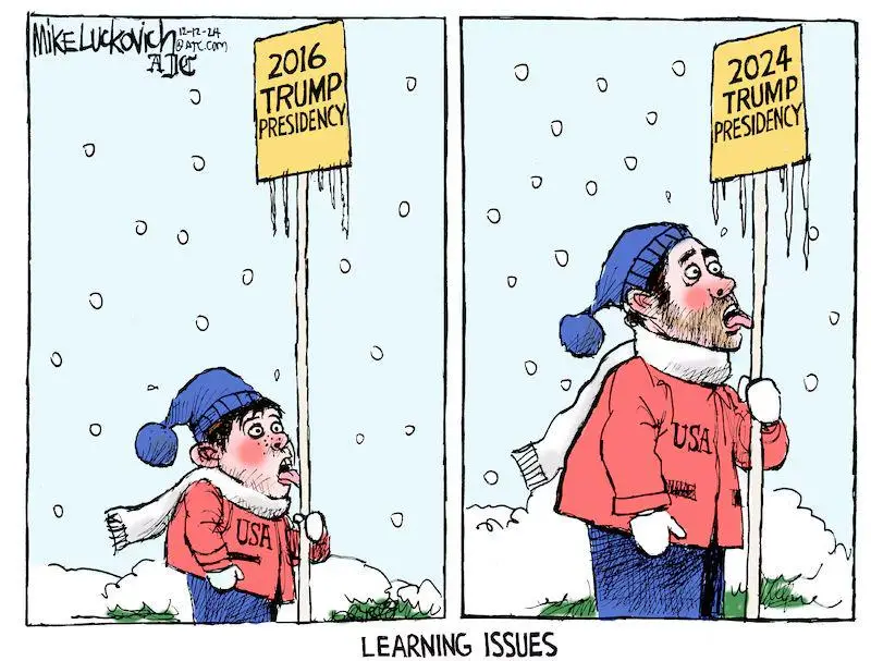 A two-panel comic shows a man in winter clothes holding a sign labeled '2016 TRUMP PRESIDENCY' in the first panel, and the…