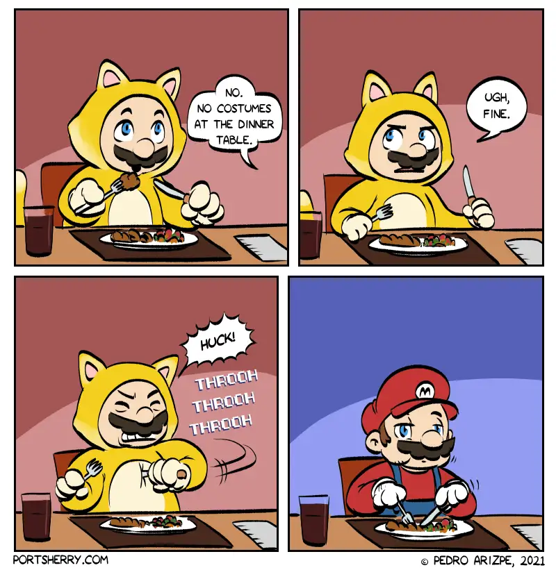 A four-panel comic shows Mario in a yellow cat costume at dinner, refusing to remove it because 'no costumes at the dinner…