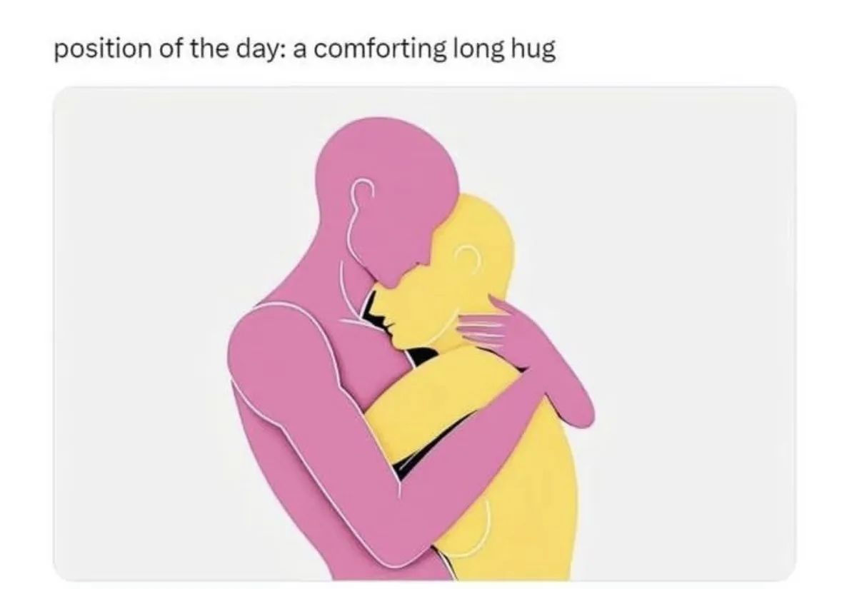 An illustration shows two stylized human figures, one pink and one yellow, embracing in a close, comforting hug. The pink…