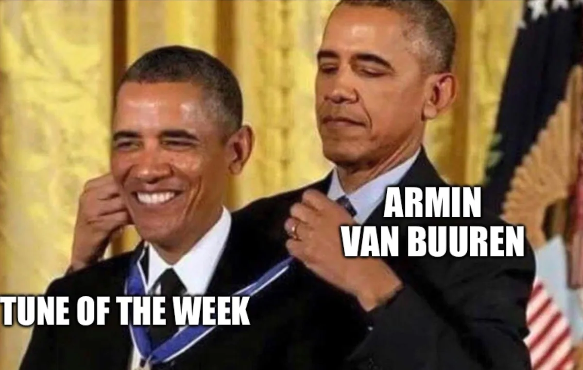 The image shows former U.S. President Barack Obama smiling broadly while another version of himself, with a more serious…