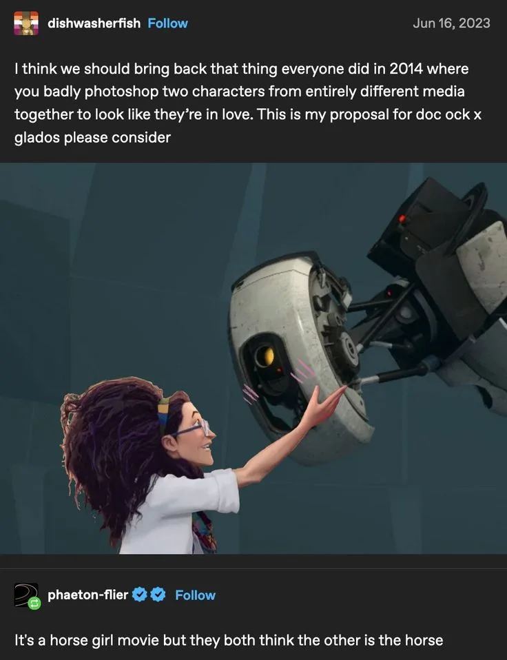 A digitally altered image shows a woman with glasses and curly hair reaching out to a robot with a glowing yellow eye. The…