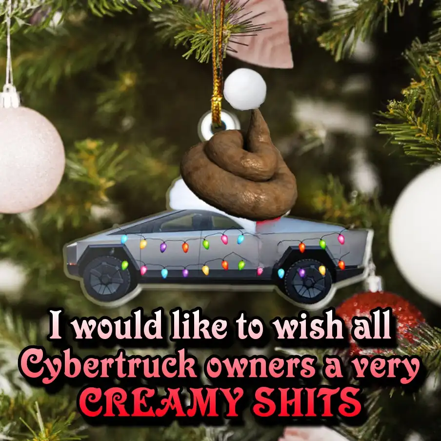 A Christmas ornament shaped like a silver Tesla Cybertruck, adorned with colorful string lights, hangs on a tree. On top of…