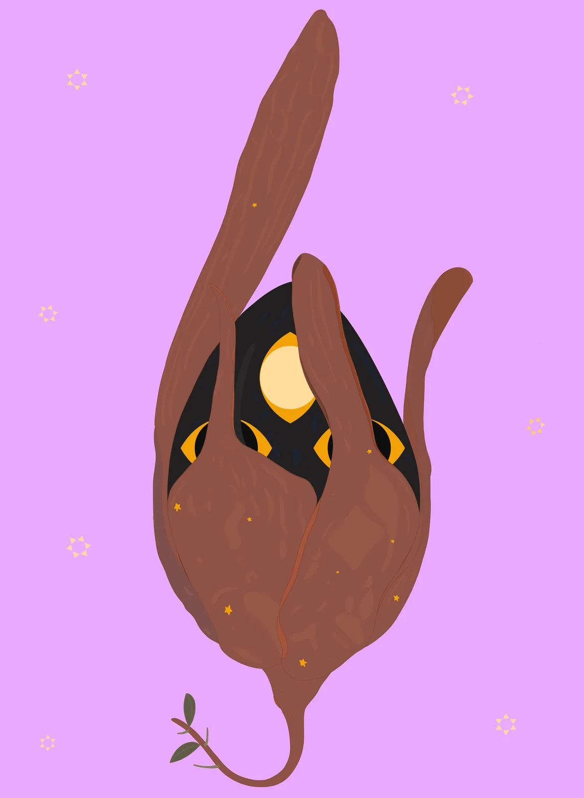 A stylized illustration shows a brown, hand-like shape with long fingers and a tail, holding a black, moon-faced mask with…