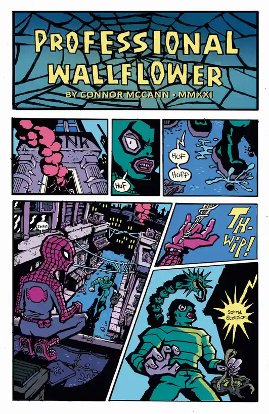 A comic page titled 'PROFESSIONAL WALLFLOWER' by Connor McCann, showing Spider-Man watching a green-skinned villain…
