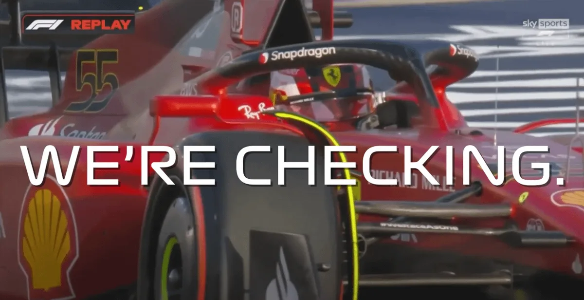 A red Formula 1 race car, number 55, is shown in a replay from Sky Sports, with large white text overlaid that reads 'WE'RE…