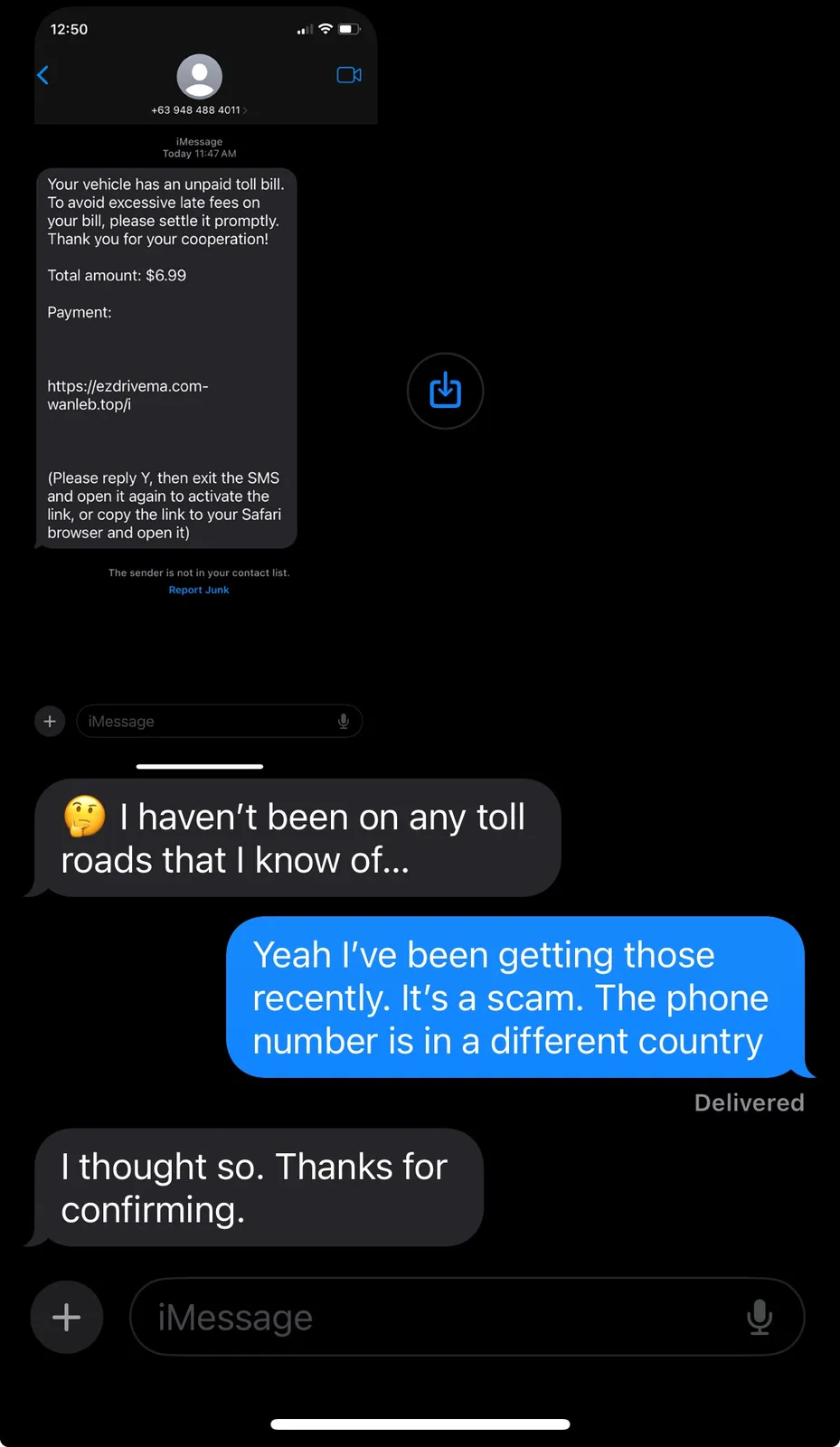 An iMessage screenshot shows a scam text claiming the recipient owes $6.99 for an unpaid toll, with a suspicious link and…