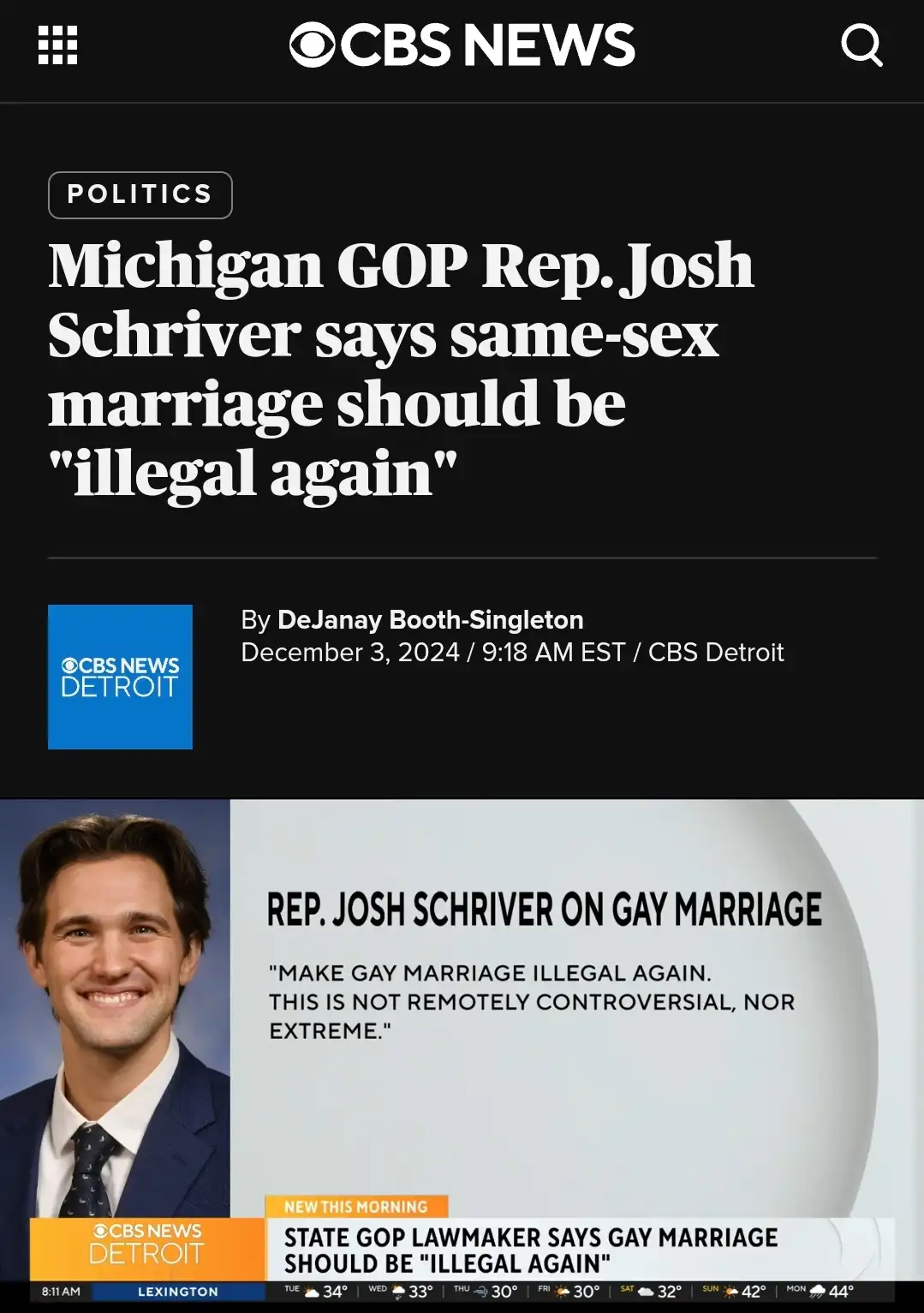 A CBS News screenshot shows a headline about Michigan GOP Rep. Josh Schriver stating same-sex marriage should be 'illegal…