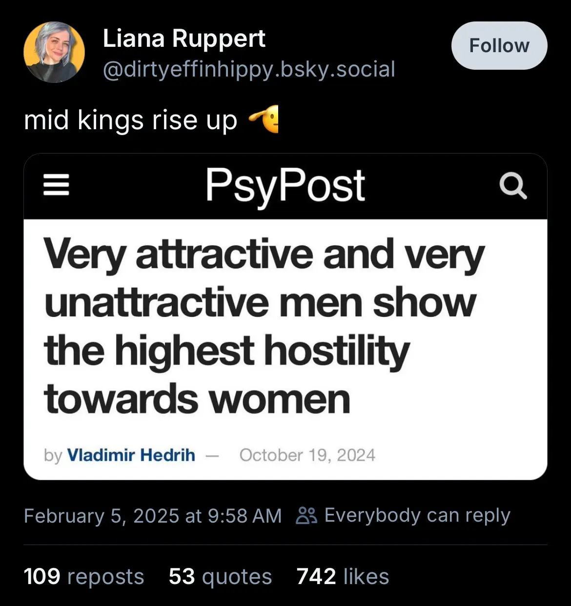 A screenshot of a social media post showing a PsyPost article titled 'Very attractive and very unattractive men show the…