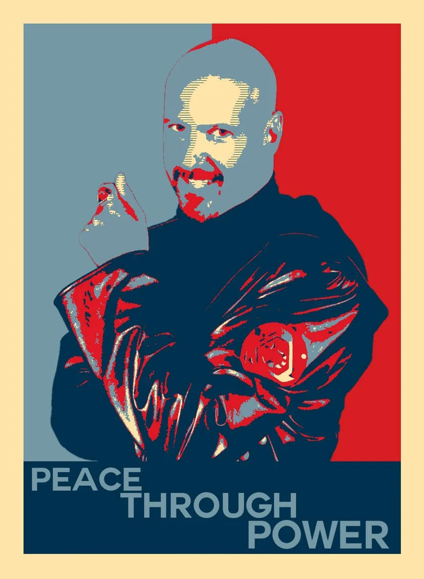 A stylized, posterized image of a bald man in a dark jacket holding a rose in one hand and making a peace sign with the…