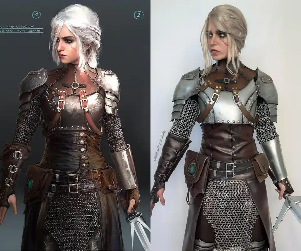 The image displays a side-by-side comparison: on the left is a digital concept art of a female warrior with white hair and…