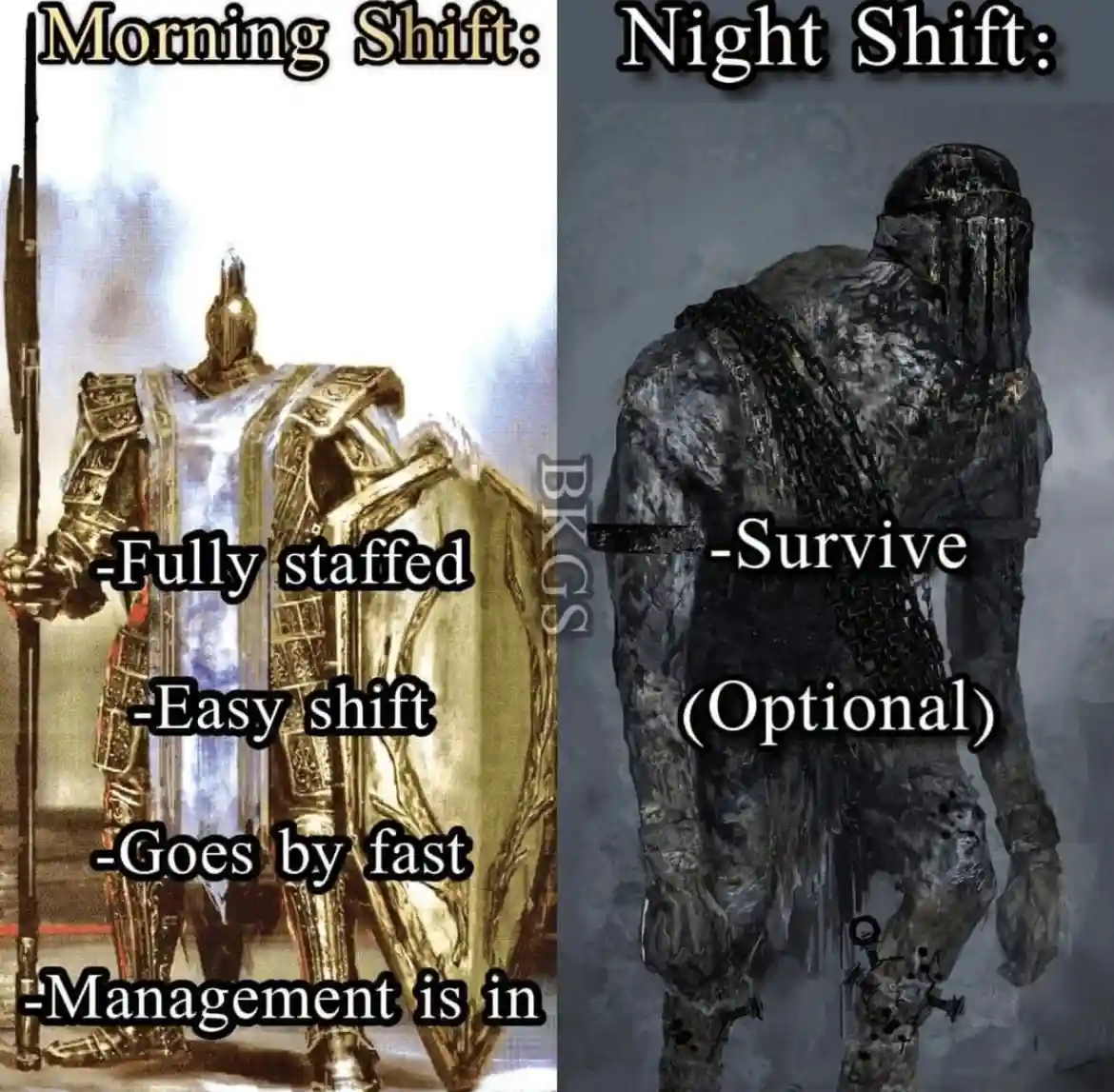 The image is split into two panels. The left shows a gleaming, well-equipped knight in golden armor holding a spear and…