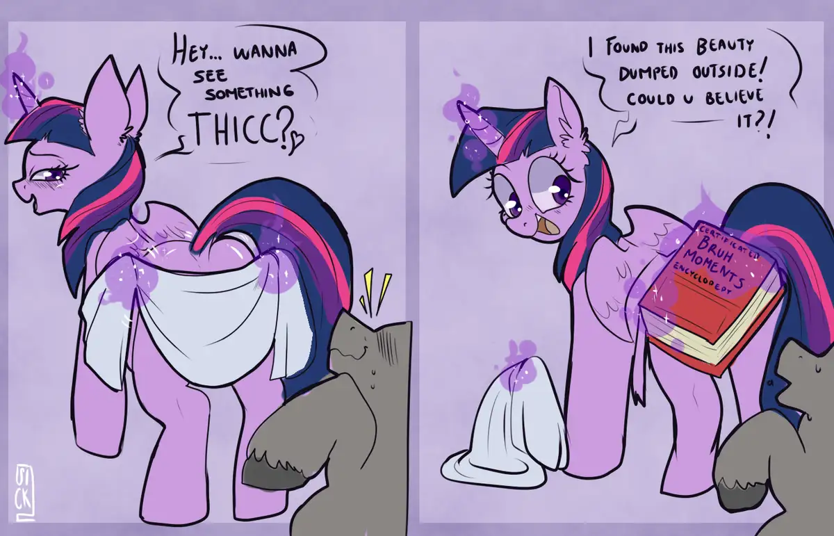 A two-panel comic featuring Twilight Sparkle from My Little Pony. In the first panel, she teases a viewer with a partially…