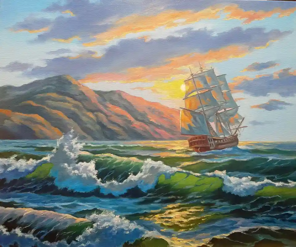 A painting depicts a large sailing ship with multiple masts and sails navigating choppy, green and blue ocean waves under a…